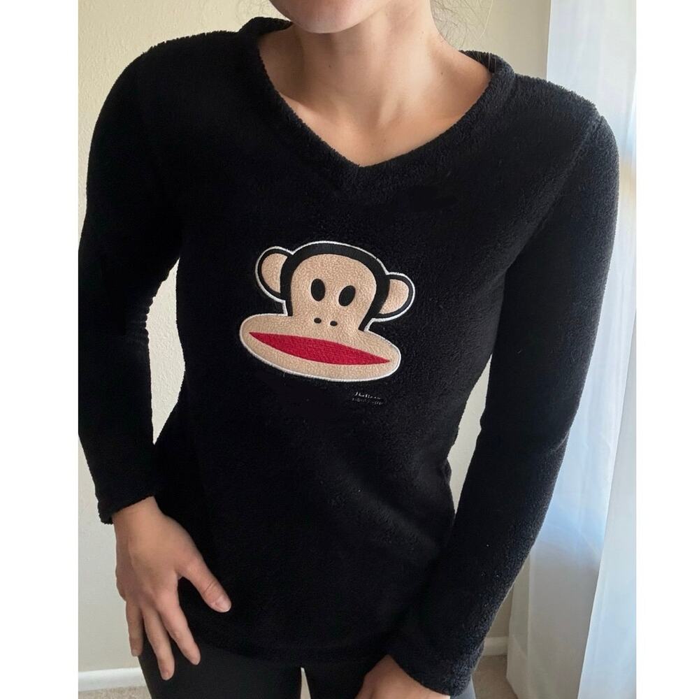 y2k Paul Frank Black Fleece V-Neck Top monkey logo retro 00s loungewear comfy
